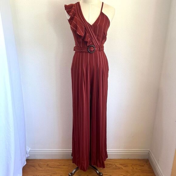 Three Floor Margaux Jumpsuit Rust Striped One-Shoulder Ruffle Belted Size 4 - Picture 2 of 15